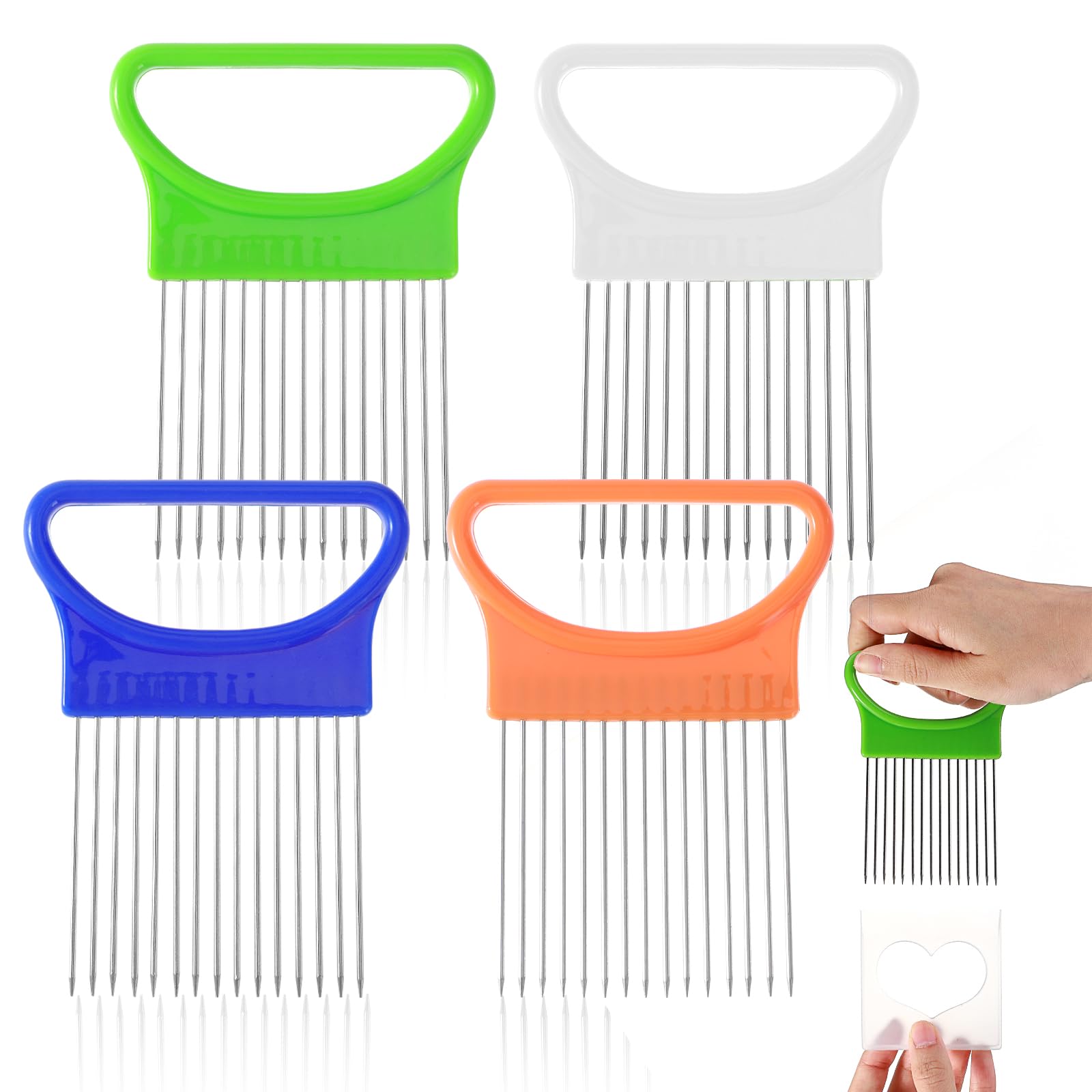 Sibba Onion Slicer Holder 4 Pcs Stainless Steel Onion Cutter Meat Tenderizer Tool Food Choppers Vegetable Mincers Kitchen Assistant Gadgets Reusable Slicer Comb for Fruit (4.13 × 3 × 0.35Inch)