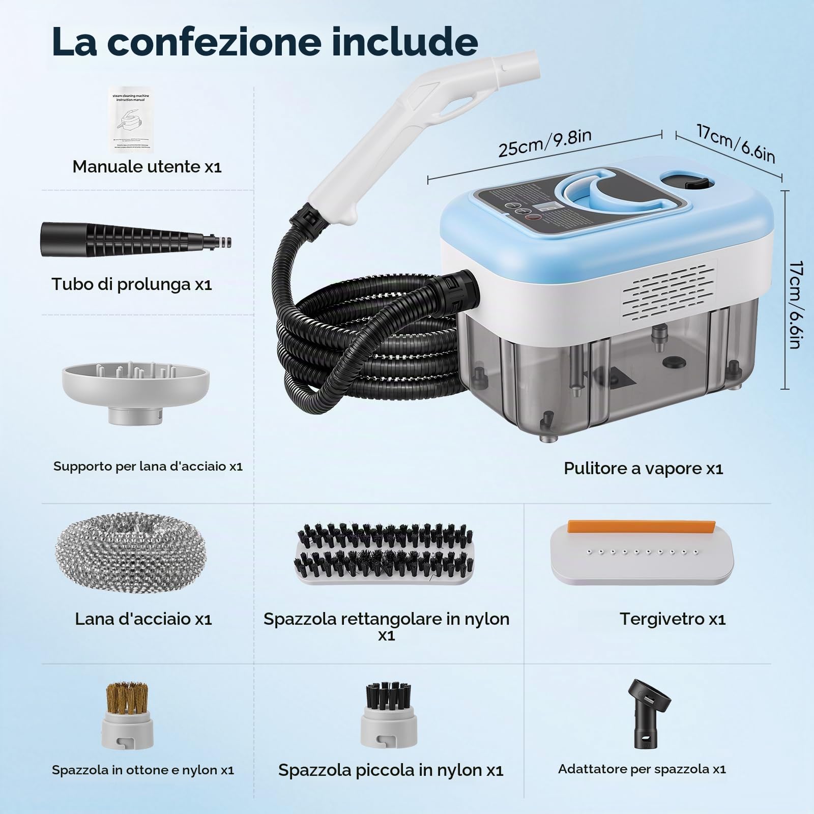 Pulitore a Vapore Portatile 2000 W, 6 Spazzole, Serbatoio 2.5 L, Pulitore a Vapore 3 Bar, con 3 Velocità Regolabili, per la casa multiuso, per finestre, cappe, tessuti