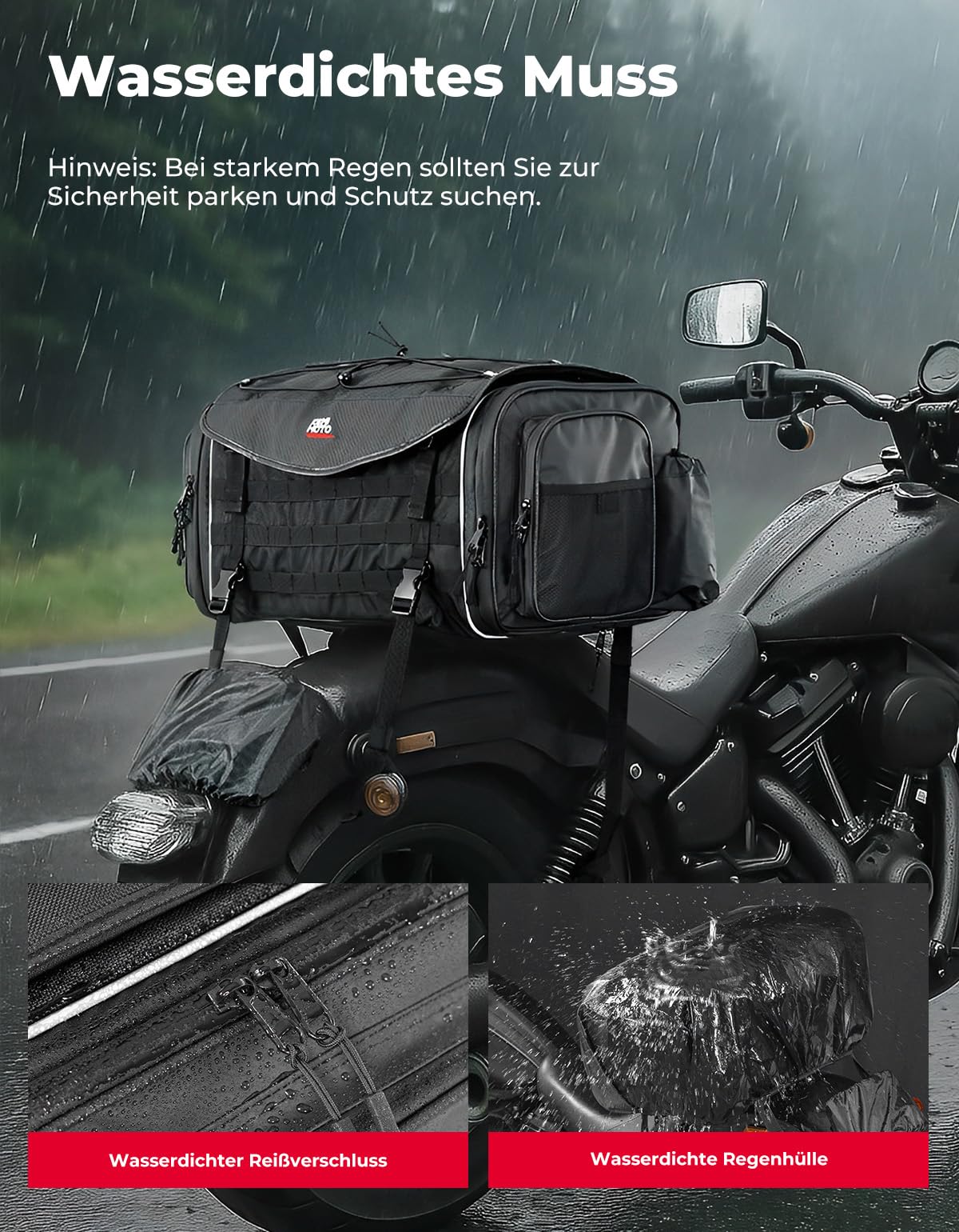 KEMIMOTO Motorrad Tasche 45-55L, wasserdichte Motorrad Hecktasche, Große Kapazität, Erweiterbare Satteltasche, Gepäckträgertasche mit Regenhülle, Einfache Montage, Schwarz