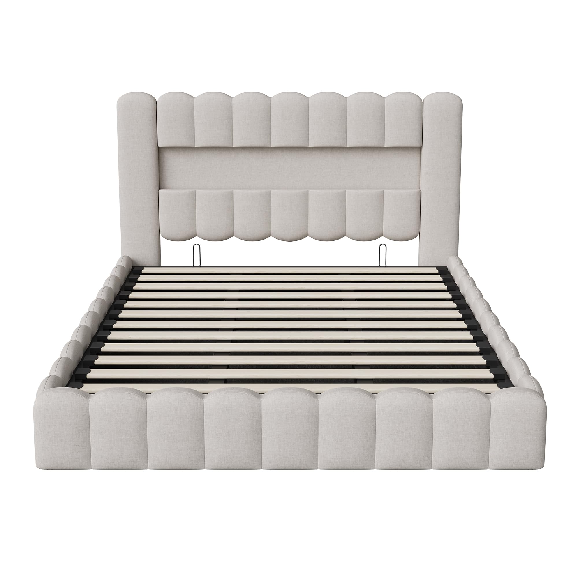 BRILVERDE Letto imbottito 180x200,Letto matrimoniale con contenitore,Testiera con illuminazione a LED e ricarica USB, con rete a doghe, Beige, lino, materasso non incluso
