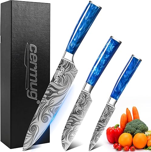 Juego de cuchillos de chef para cocina, 3 cuchillos de cocina de acero inoxidable alemán al carbono, juego de cuchillos de chef profesionales ultra