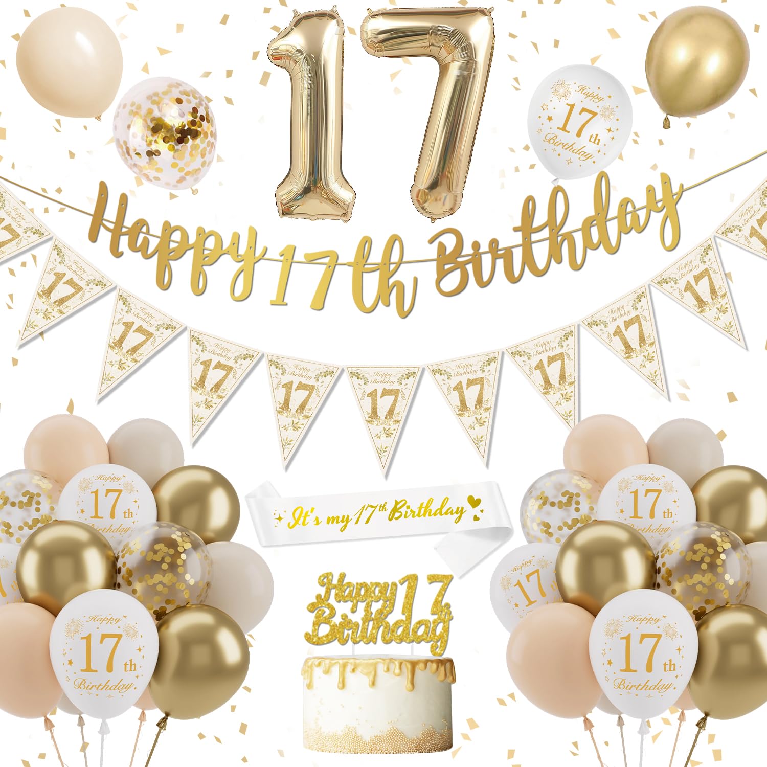17th Birthday Decorations Girls, Gold White Birthday Balloons, Happy 17th Banner with Confetti Latex Balloons Cake Topper for Girls Party Deco