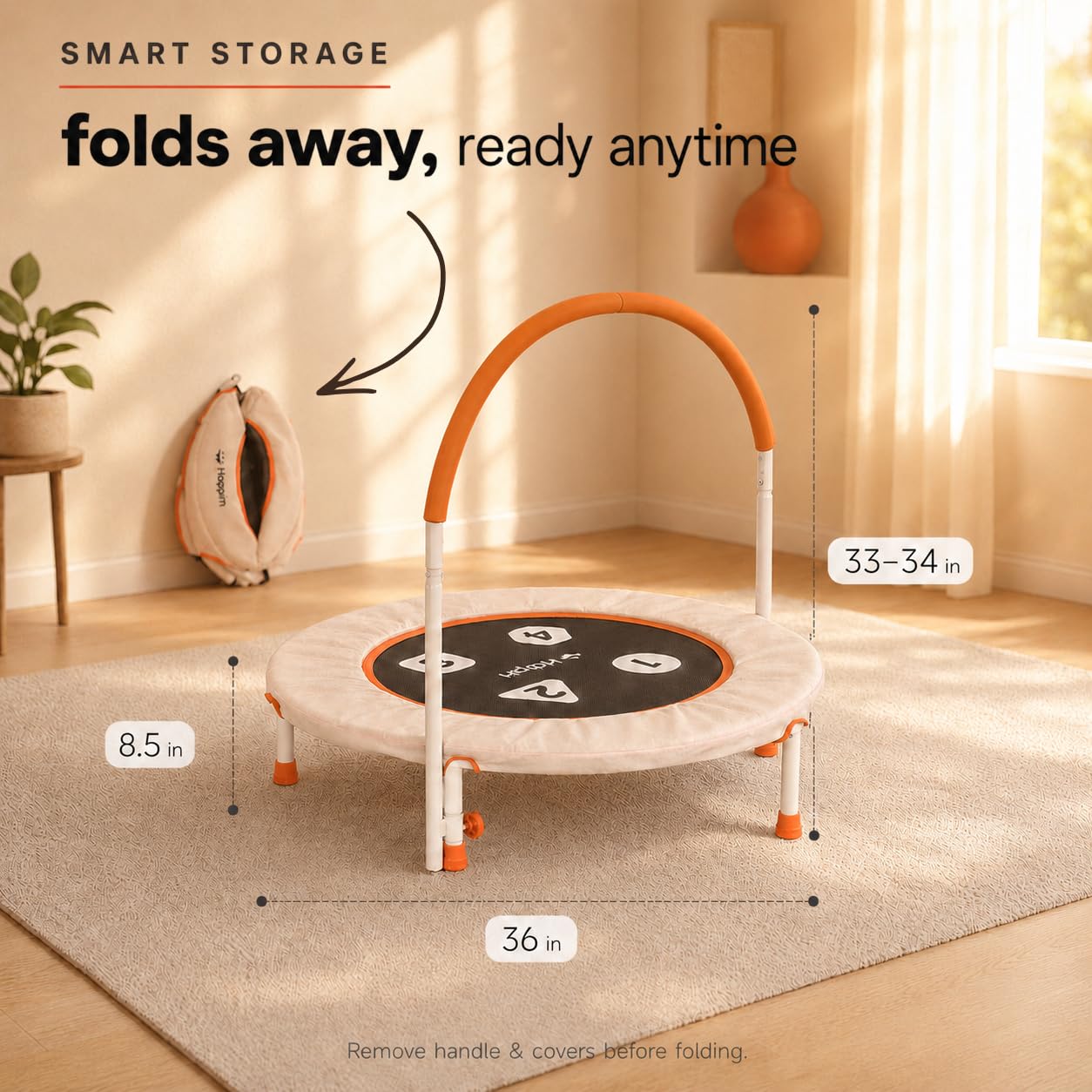 Happin Mini trampolino per bambini da 91,4 cm, per interni, pieghevole, per interni ed esterni, con imbottitura ultra sicura, manubrio regolabile in schiuma, silenzioso, per bambini dai 2 ai 6 anni