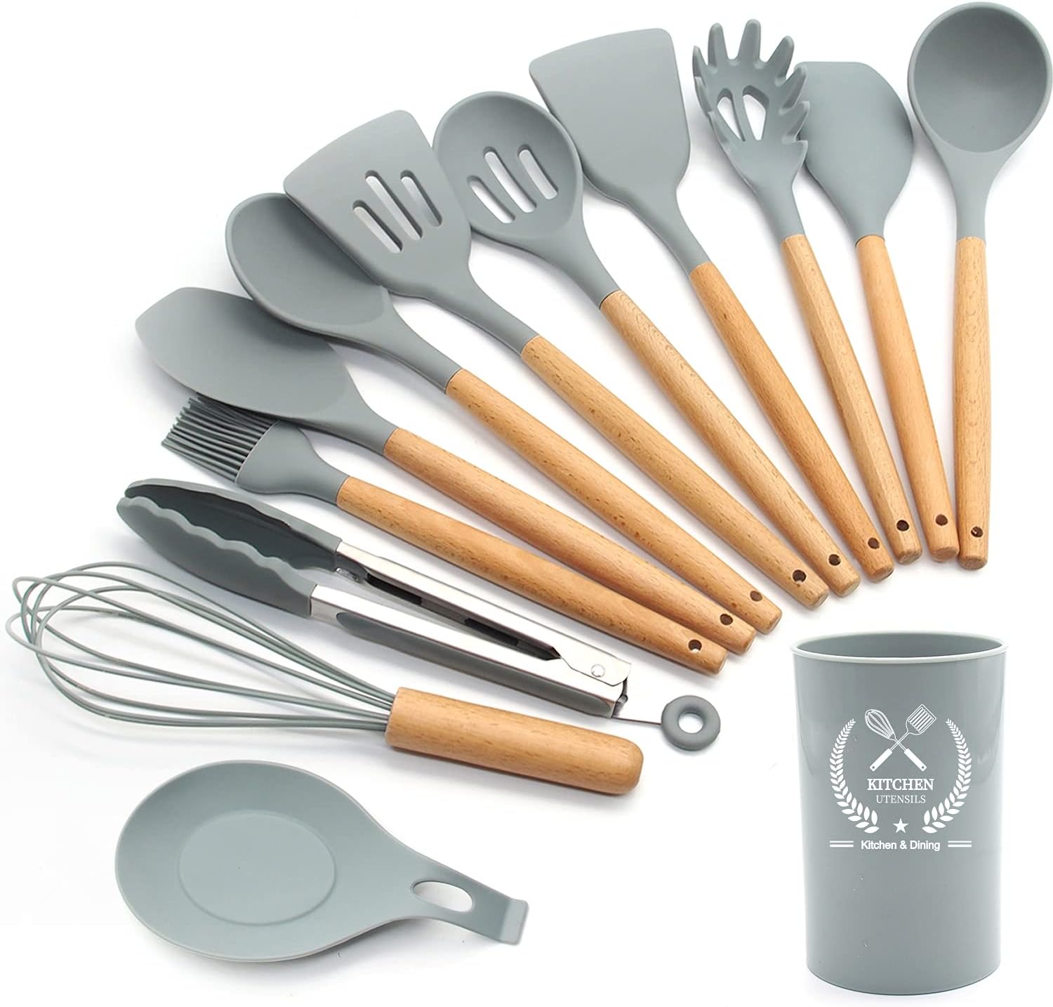 FXY Silicone Kitchen Utensils Set,13 Pcs Wooden Handles Spatula Set,Cooking Utensils for Non Stick Pans,Silicone Spatulas for Cooking Kitchen Gadgets Tools (Grey)