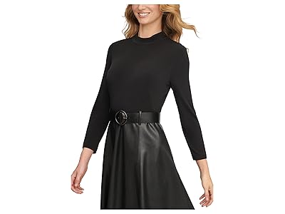 Calvin Klein Matte Jersey Pu Leather Belted Aline Combo Women