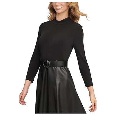 Calvin Klein Matte Jersey Pu Leather Belted Aline Combo Women