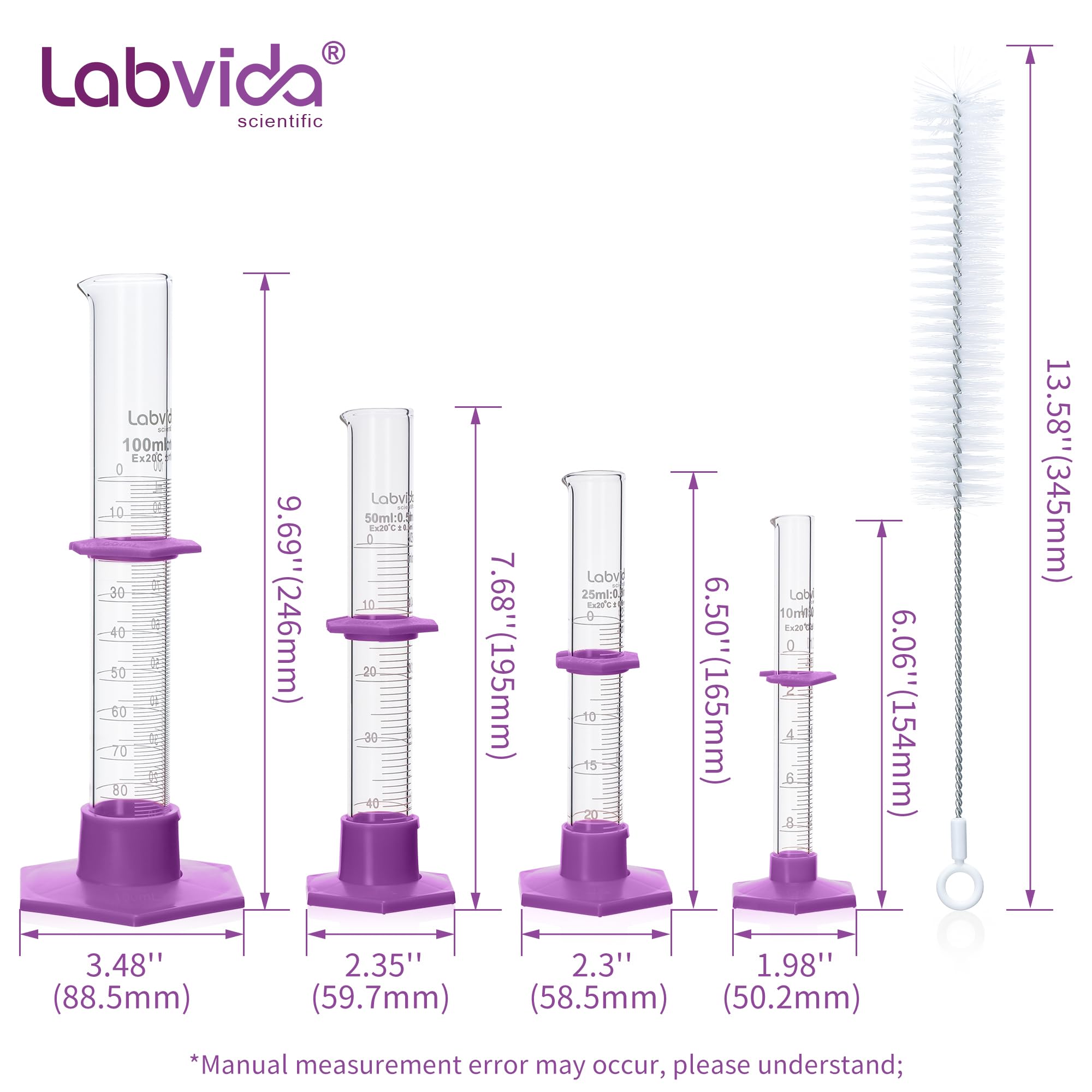Juego de cilindros medidores, vidrio de borosilicato con base hexagonal de plástico y cepillo, clase B, vol.10, 25, 50 ml, 100 ml (4 cilindros) LVE002