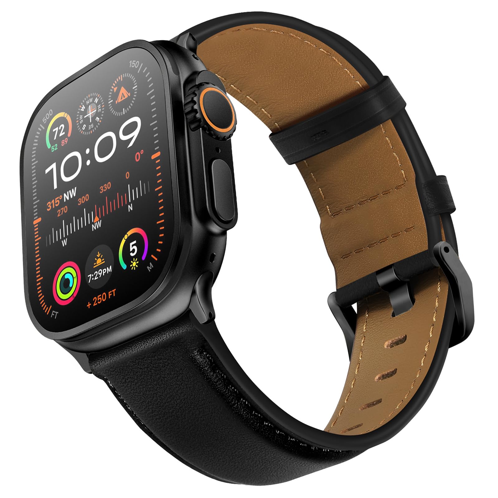 UUPWPOKT Compatible with Apple Watch Ultra 2/1 Band 49mm 46mm 45mm 44mm 42mm Men, Genuine Leather Bands Strap for iWatch Ultra Series 10 9 8 7 6 5 4 3 2 1 SE, Classic Black/Black
