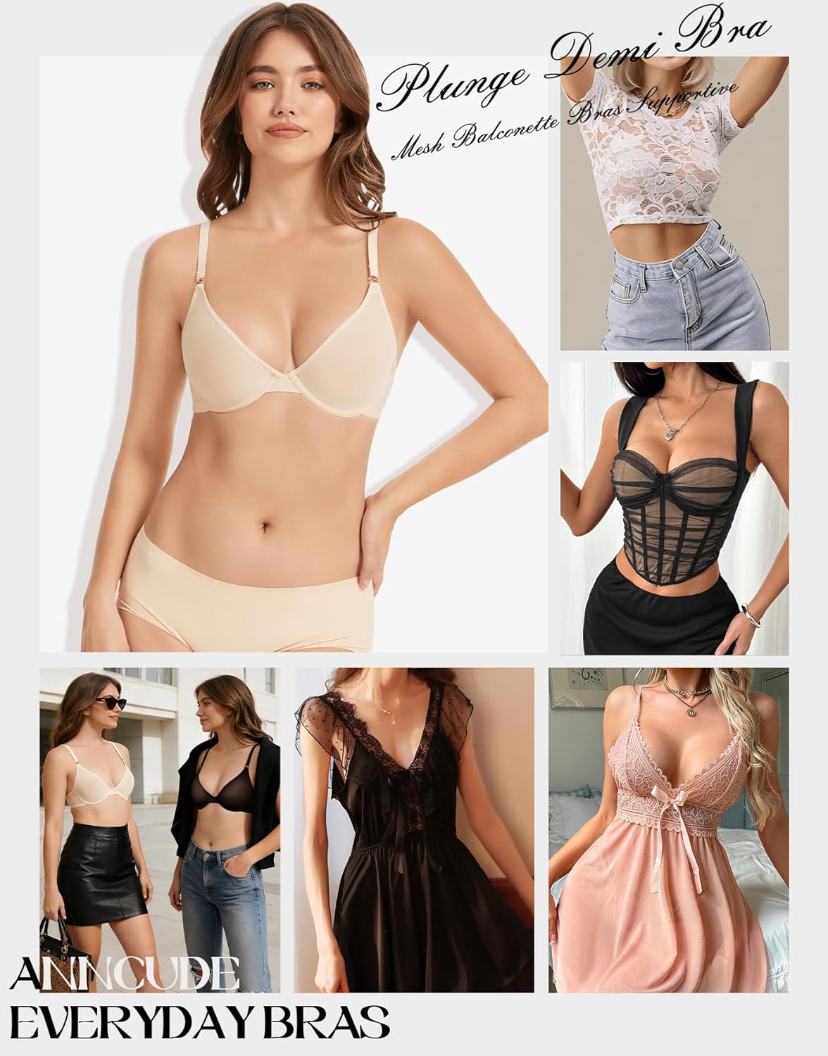 Demi Bras for Women Plunge Unlined Sheer Balconette Bra Mesh See Through Seamless Push Up Bra Wired Comfort No-Pads - Image 6