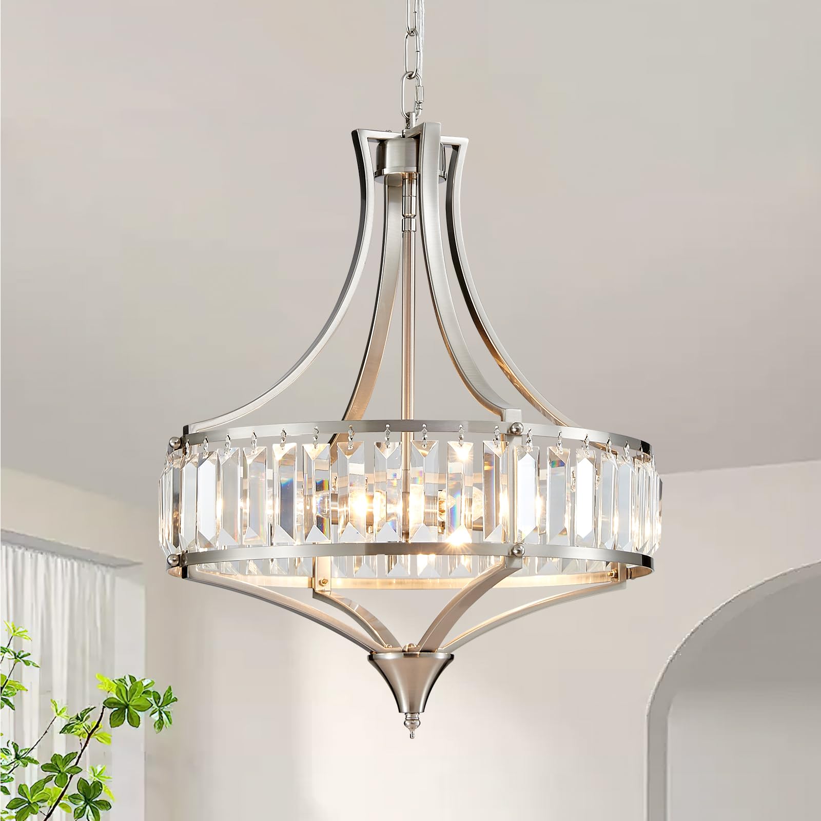 Majhoiw Modern Crystal Chandelier, 4-Light Pendant Light, Height Adjustable 40cm Dia Round Light Fitting in Brushed Nickel for Dining Room, Living Room, Hallway, Foyer — image 1
