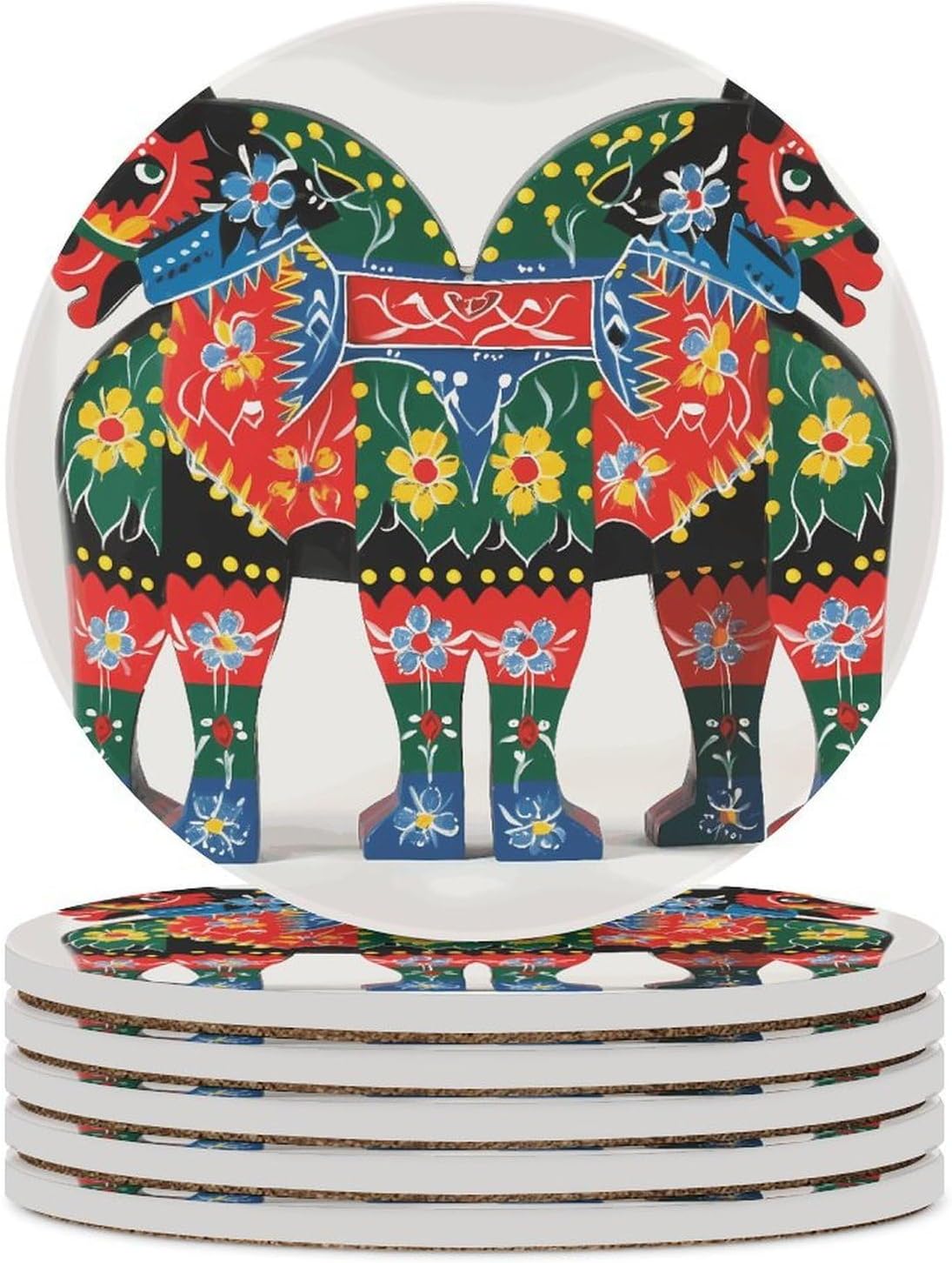 Runner Swedish Dala Horse Folk Coaster with Cork Base Drink Coasters for Coffee Table Decor Modern Cup Coasters with Non-Slip & Heat-Resistant Cute Ceramic Table Coaster for Home Dining