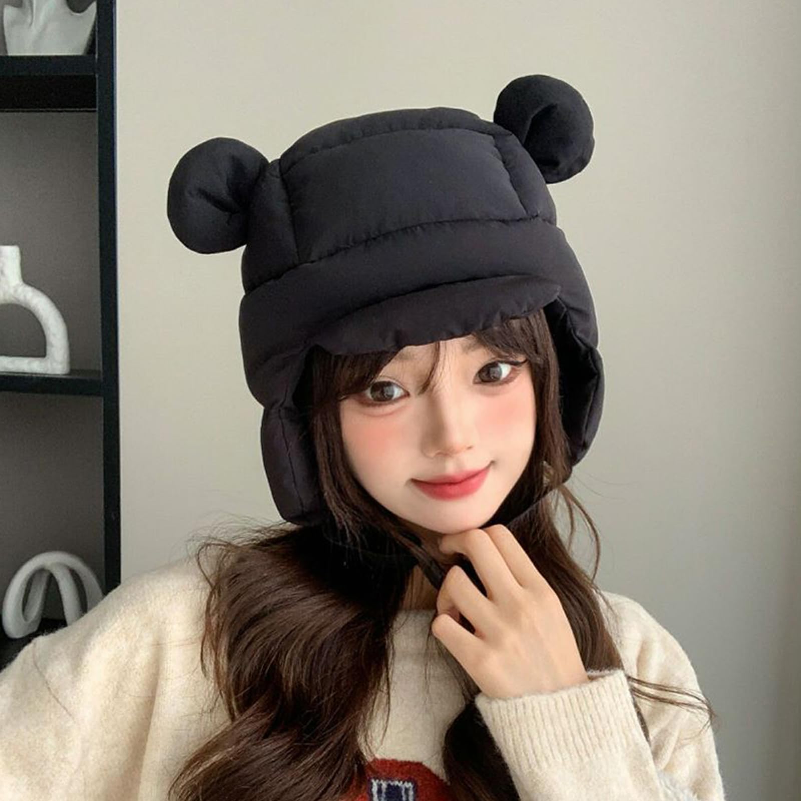 GRABAGECAN Unisex Warm Hat Trapper Hat Cartoon Bear Warm Hat Down Hat for Outdoor Winter for Skiing Camping Hiking Pink