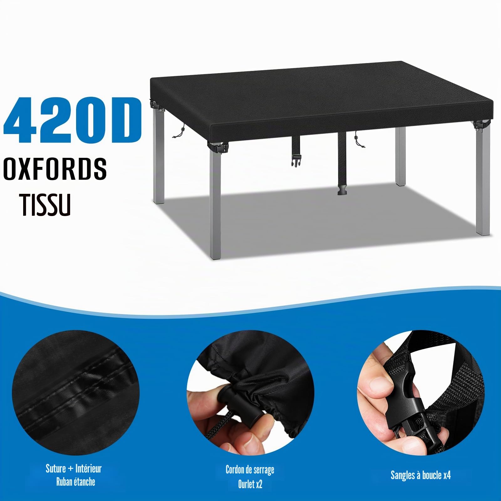 Housse de Protection pour Table de Jardin Noir 200x100x15cm Tissu Oxford 520D