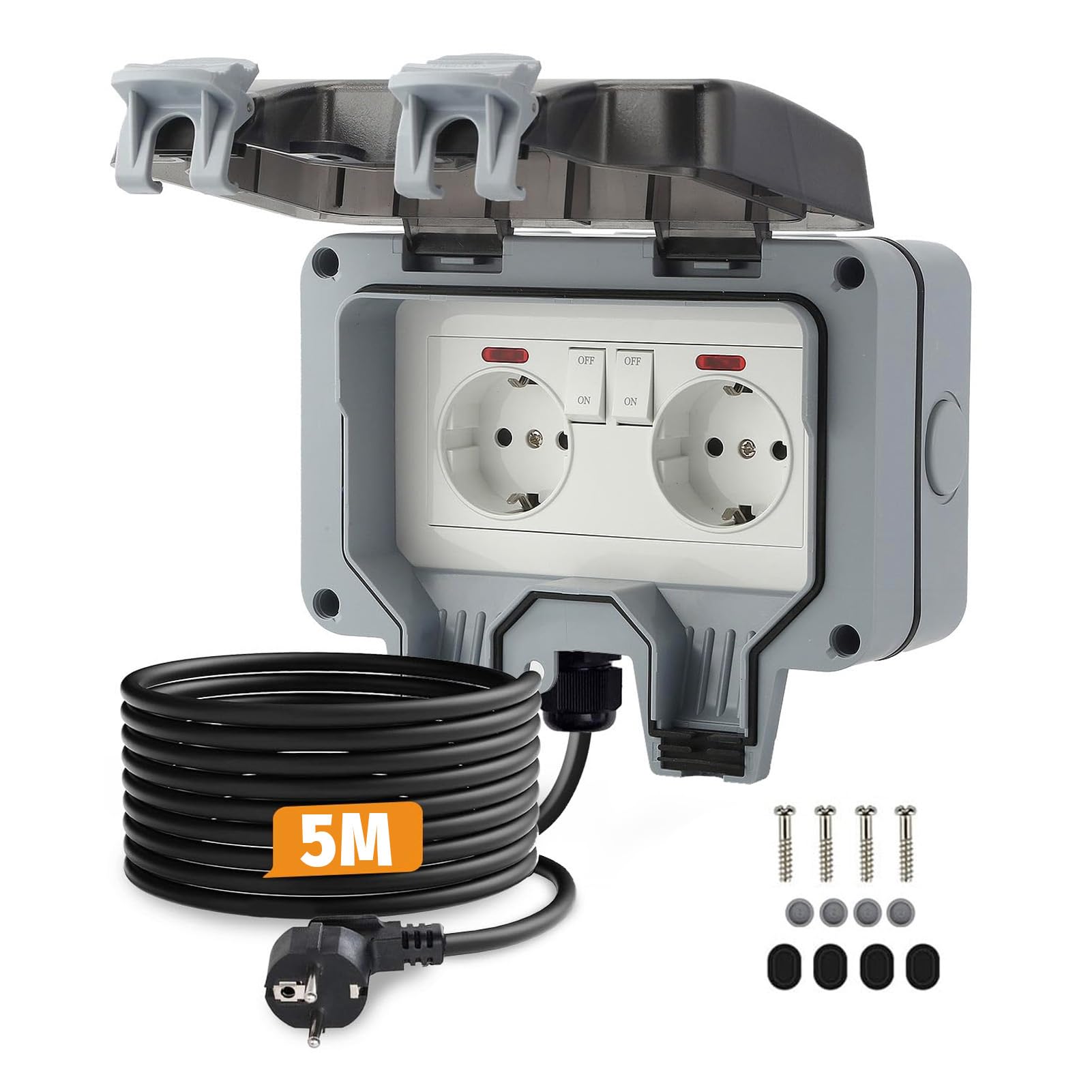 Aramox Toma de Corriente para Exteriores, Enchufe de Pared Resistente a la Intemperie, IP66, a Prueba de Lluvia, Caja de Tomacorriente Exterior de 2 Bandas con Interruptor Independiente y (5 metros)