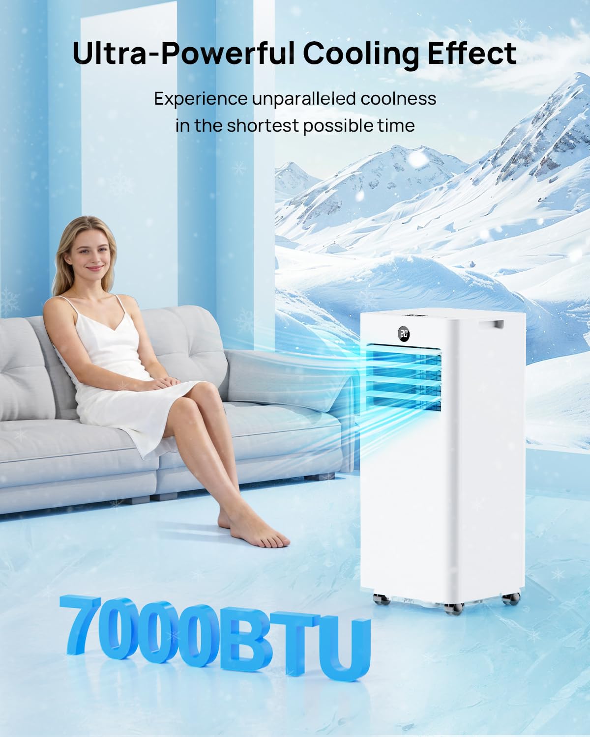 Aire Acondicionado Portatil 7000 BTU con Kit Ventana, 4 en 1 Refrigeración/Ventilador/Deshumidificador/Modo Sueño, Mando a Distancia, Temporizador 24h, Ruedas 360°, Silencioso para Dormitorio Oficina