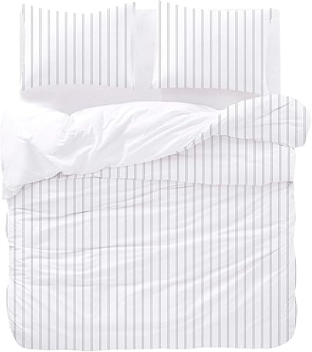 Miniatura 3 de Wake In Cloud - Juego de edredón a rayas, estampado de rayas verticales a rayas neutrales, ropa de cama suave y ligera, 3 piezas, gris y blanco,