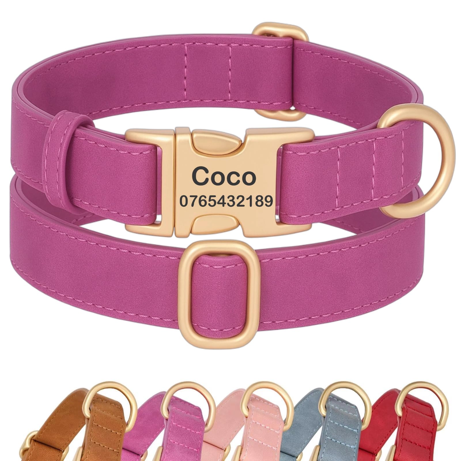 SEOUGEE Personalised Dog Collar with Engraved ID Name and Number, Custom Soft PU Leather Dog Collars, Adjustable & Durable Pet Collars with Quick Release Metal Buckle for Puppies (XS, Rose 20-30cm)