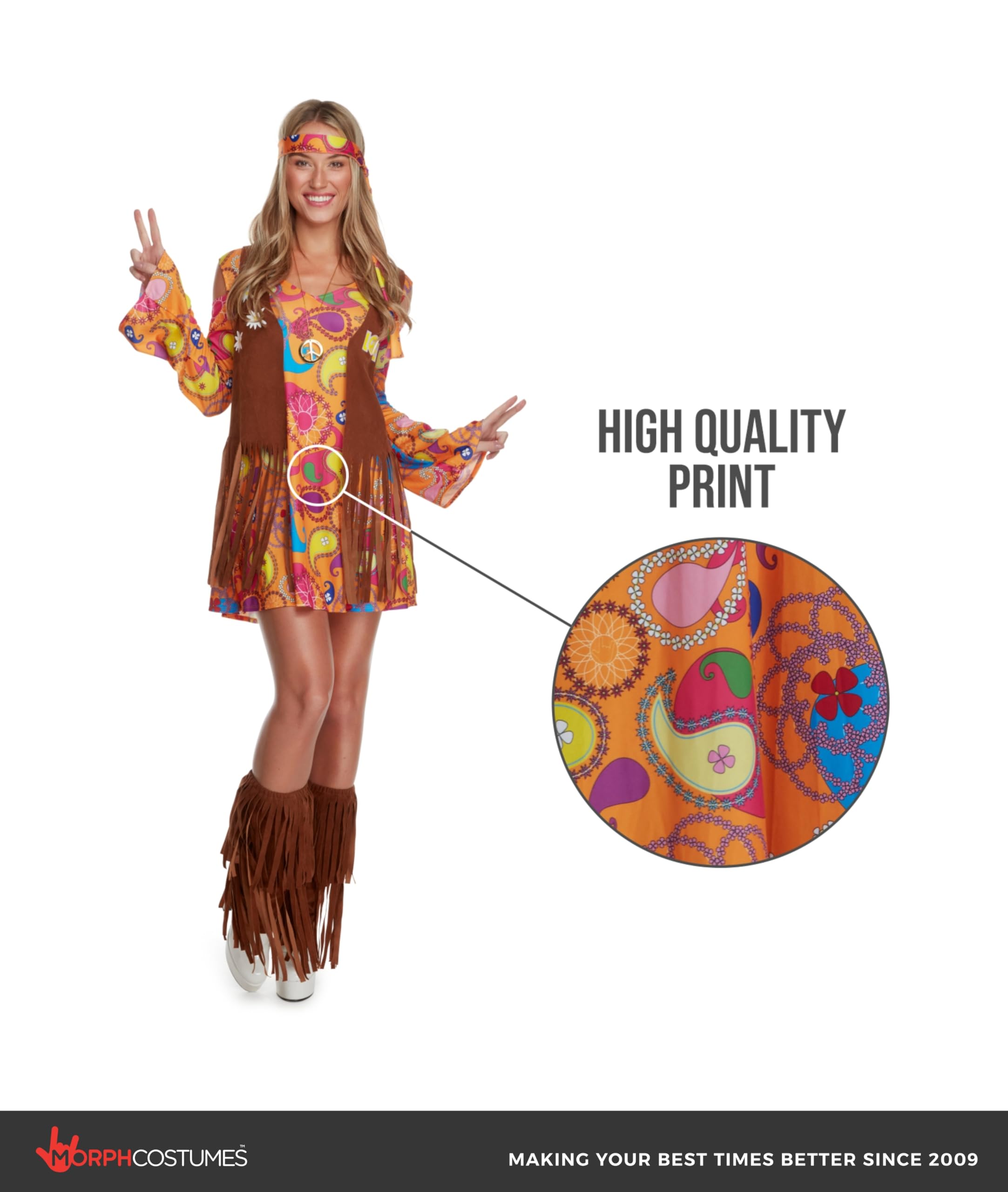 Morph Costume Hippie Donna, Costume Anni 70 Halloween Donna | Abito Paisley, Gilet con Frange & Fascia, Stile Hippie Anni 70, Da Infilare, Perfetto per Halloween, Ideale per Travestirsi