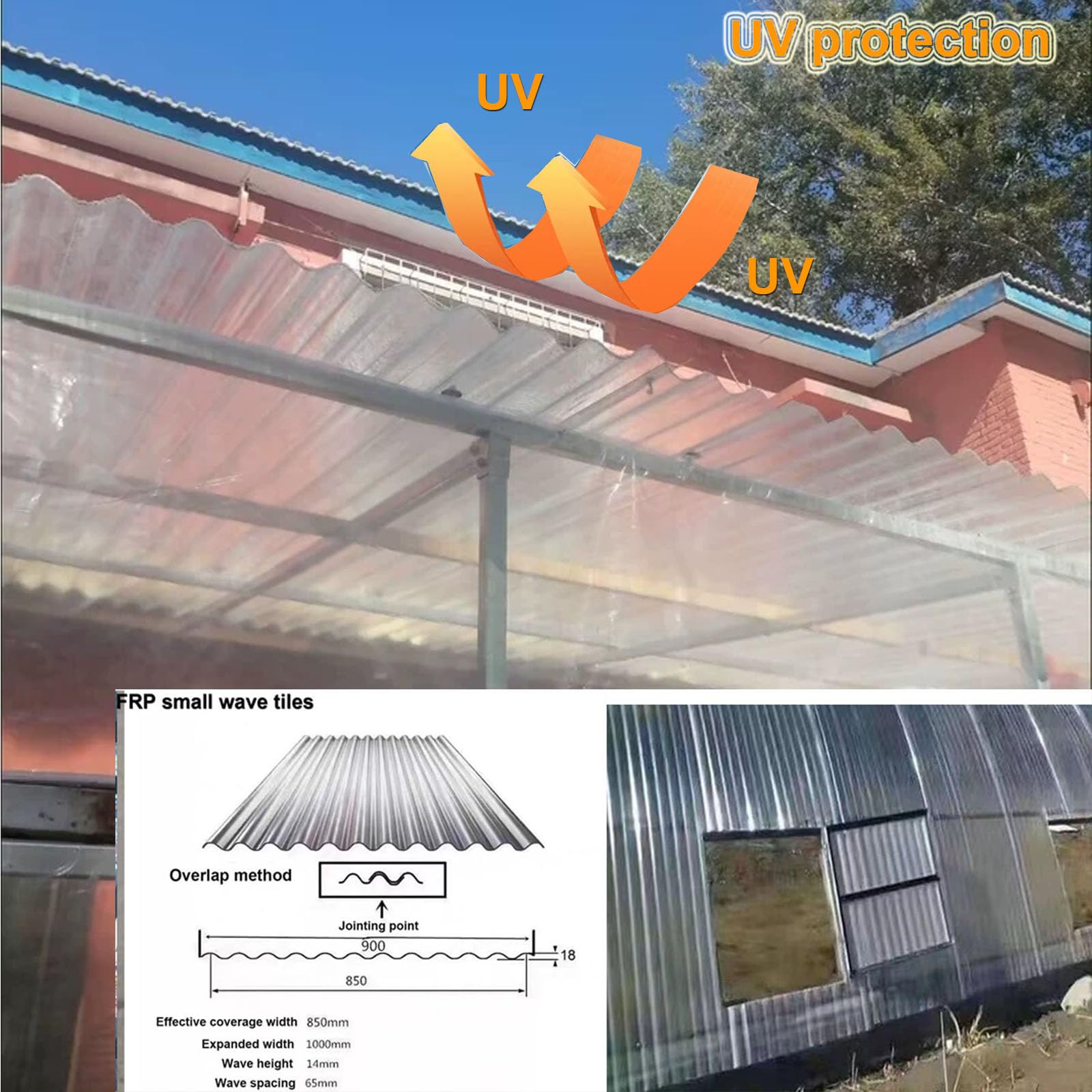 2mm Hojas De Techo Corrugado,Paneles Para Tejado Resistentes Al Impacto,Placa De Iluminación Natural FRP De Protección UV,Paneles Para Tejado A Prueba De Lluvia (0.9×1.3m,1pcs)