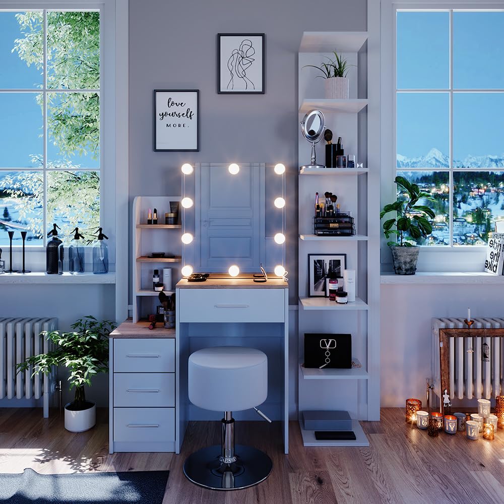 Coiffeuse Conrada Avec Miroir LED Et Tabouret Vicco – Blanc – Mobilier Chambre