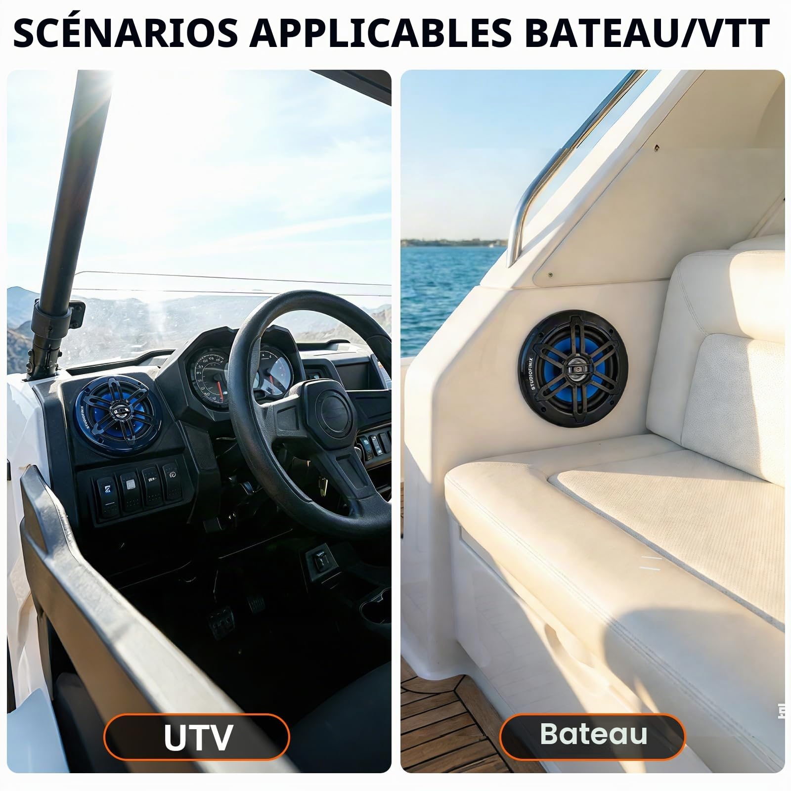 Enceintes Marines STUDIOFINIX 5,25 Pouces, 500 W, avec éclairage LED - Enceintes 2 Voies résistantes aux intempéries, idéales pour Les Bateaux, Les quads et Les UTV (Paire, Noir)