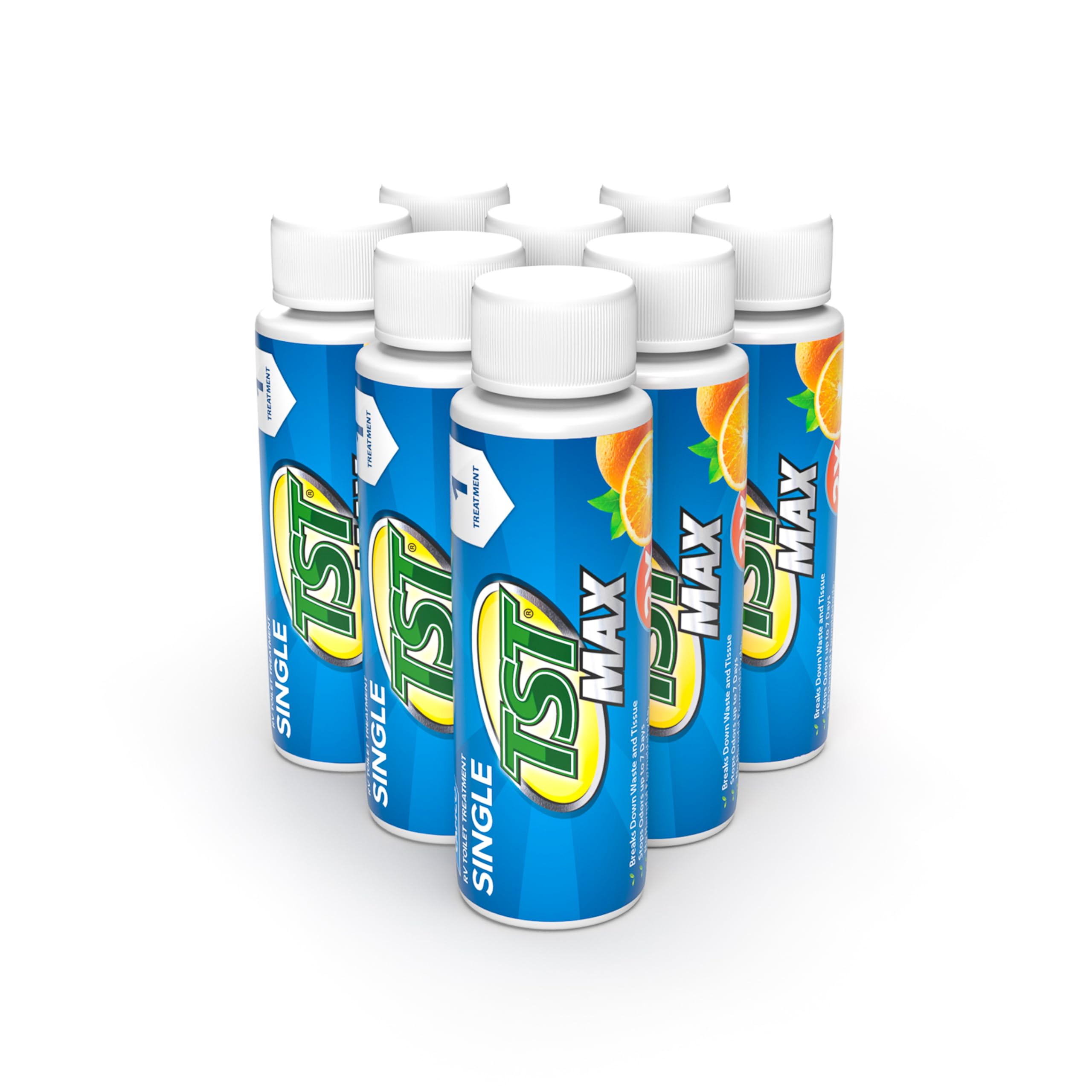 Camco TST MAX - Tratamiento de inodoro para caravana, sin formaldehído, descompone residuos y tejidos, seguro para tanque séptico, trata tanques de retención de hasta 8 a 40 galones, aroma naranja, (8