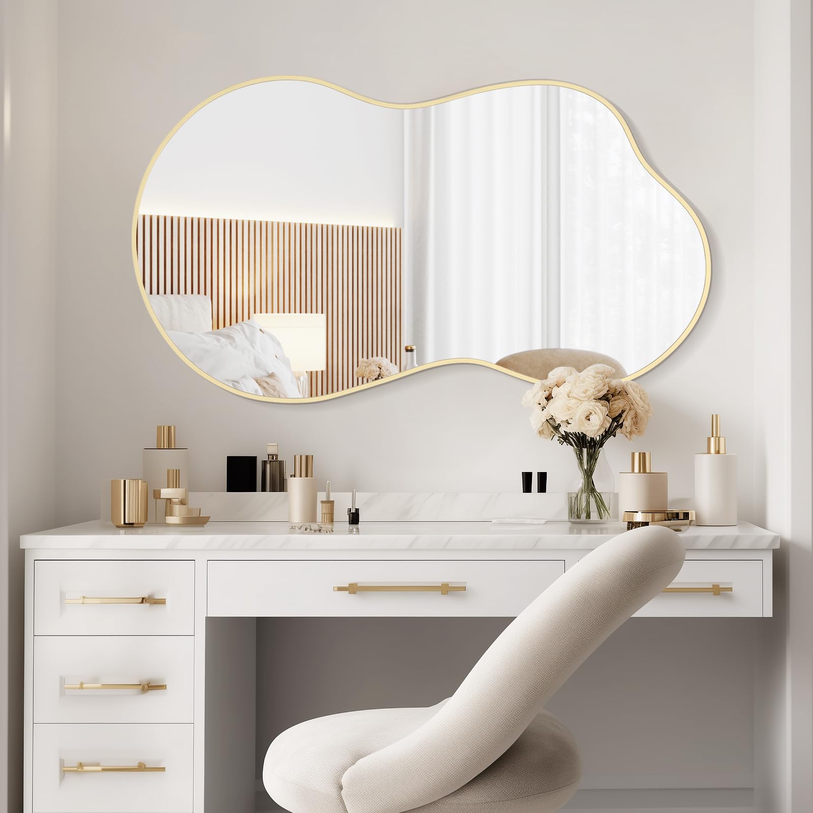 WallBeyond Gold Irregular Wall Mirror, Modern Asymmetrical Mirror with Aluminum Frame for Bedroom, Bathroom, Living Room, and Entryway 46" H x 26" W (