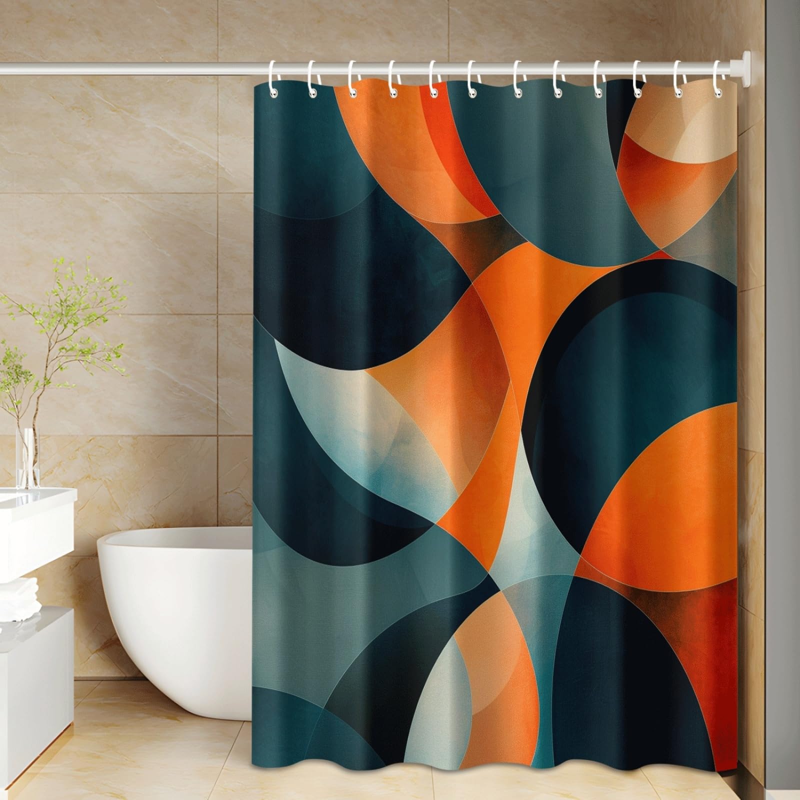 Shower Curtain Orange Geometry Mould Resistant Shower Curtains for Bathroom Washable Polyester Bathroom Curtains Decor Wet Room Quick Dry Anti Mould Bath Curtain with 12 Hooks 150x180cm
