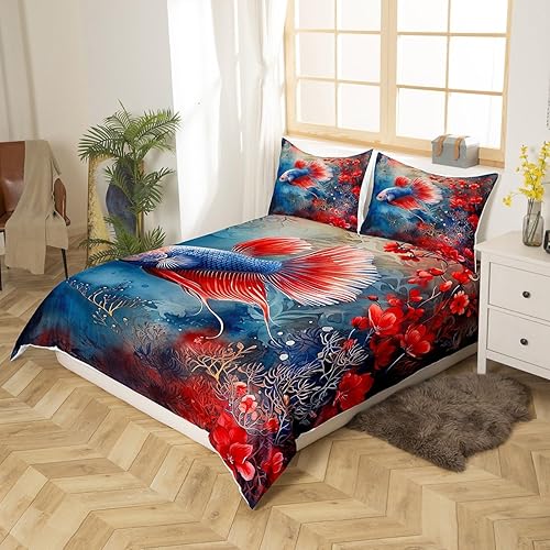 Miniatura 3 de Manfei Betta Fish - Juego de funda de edredón artística de peces en acuarela, flores rojas florecientes para niños y adolescentes, decoración para