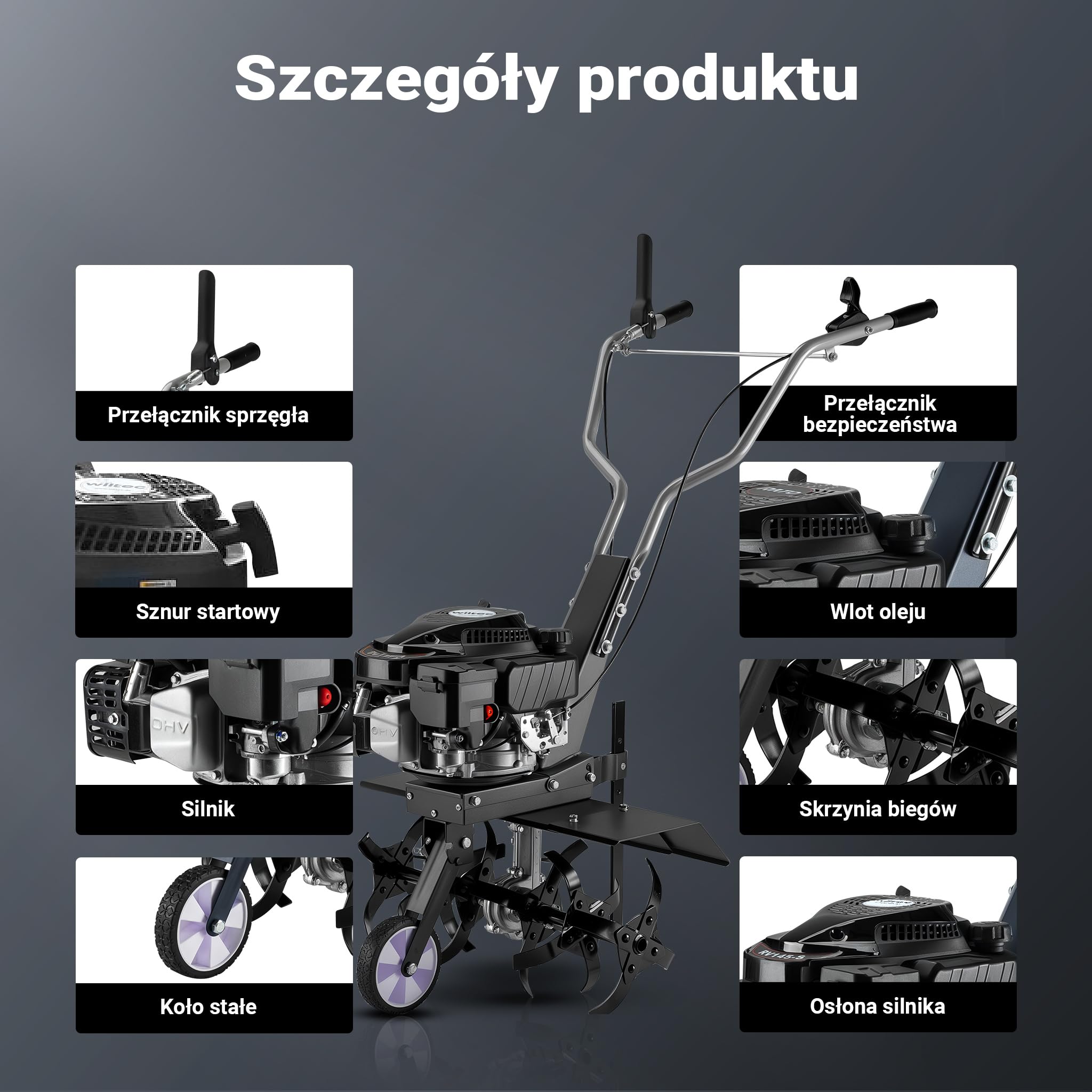 Wiltec Glebogryzarka spalinowa o szerokości roboczej 60 cm, kultywator ogrodowy z silnikiem 144 ccm 3,4 KM z 6 tarczami