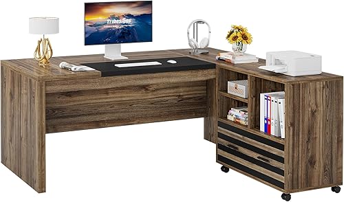 Miniatura 8 de Tribesigns Escritorio Ejecutivo de 62.2" con Archivador Móvil, Escritorio de Oficina en Forma de L con Estantes de Almacenamiento, Conjunto de café