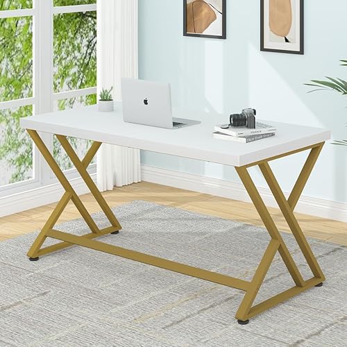 Miniatura 3 de LVB Escritorio blanco y dorado, moderno escritorio de madera para computadora de oficina en casa, mesa de estudio de metal para trabajo de escritura