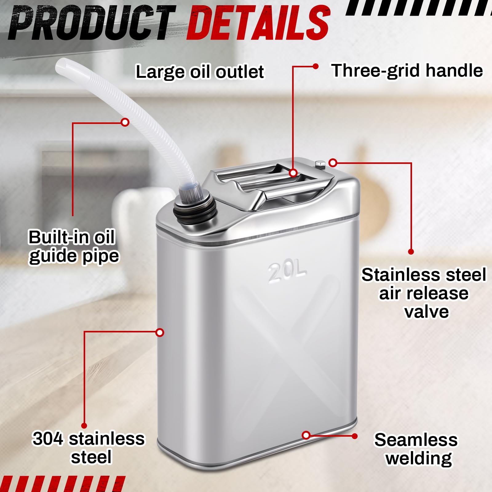 Blulu 2 latas de almacenamiento de aceite de cocina de acero inoxidable de 5 galones, distribuidor comercial 304 de seguridad alimentaria, contenedor de almacenamiento de aceite con tubo guía y tapa