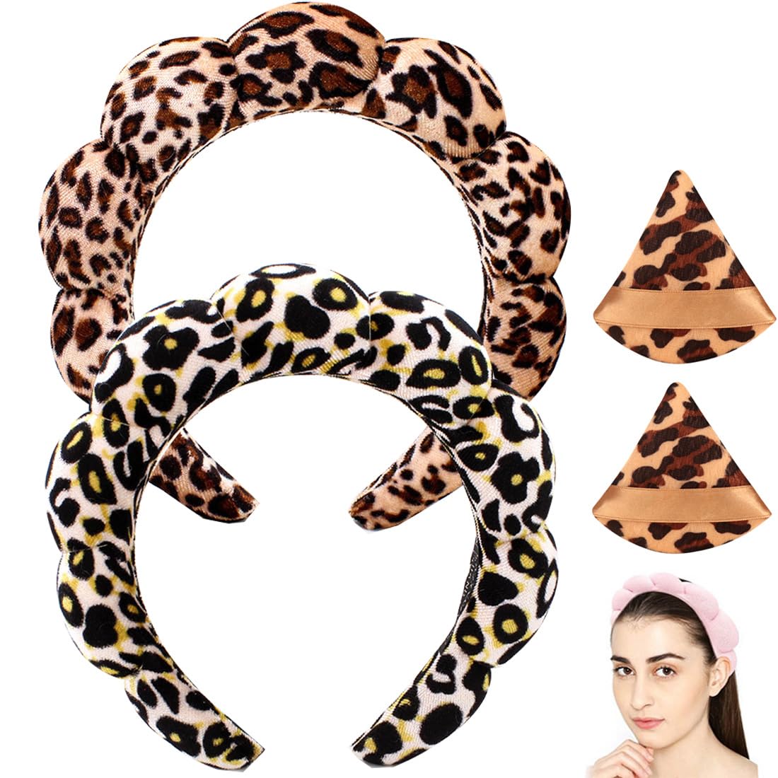 Blithetree Skincare Sponge Headbands for Women - Soft Preppy Makeup and Face Washing Spa Headband (2 Pack/Leopard Print)