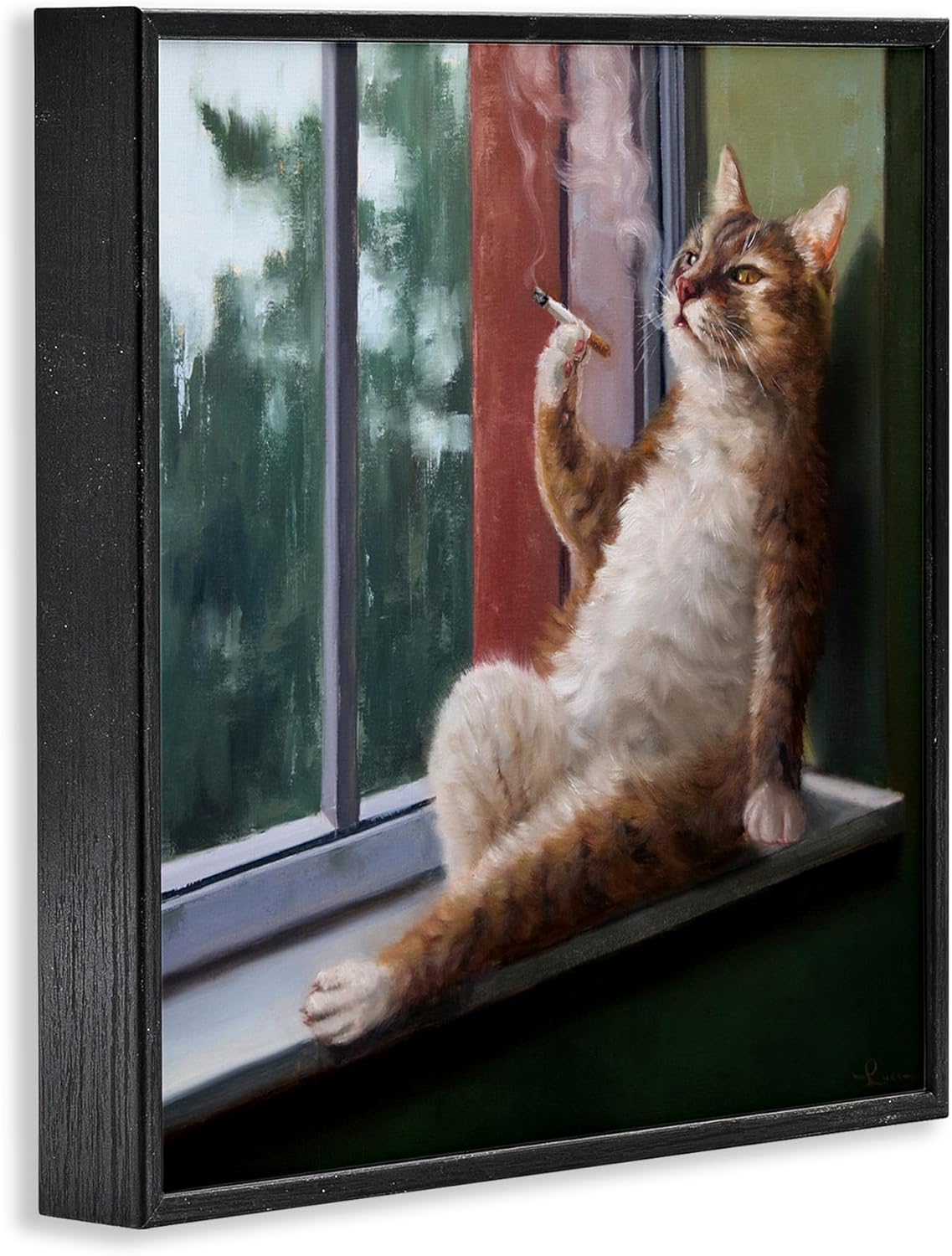 Stupell Industries House Cat Smoking Lounging in Window Pane, Designed by Lucia Heffernan Black Framed Wall Art, 12 x 12, Brown