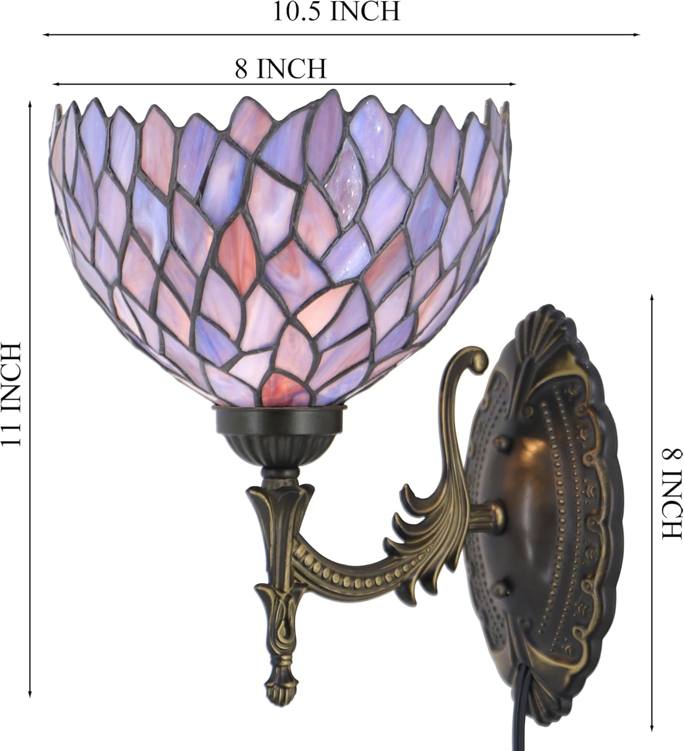 Tiffany Wall Sconce Lamp Plug in with 8 inch Stained Glass Lampshade 8X10.5X11 Inch Stained Glass Wall Lamp (Wisteria Style)