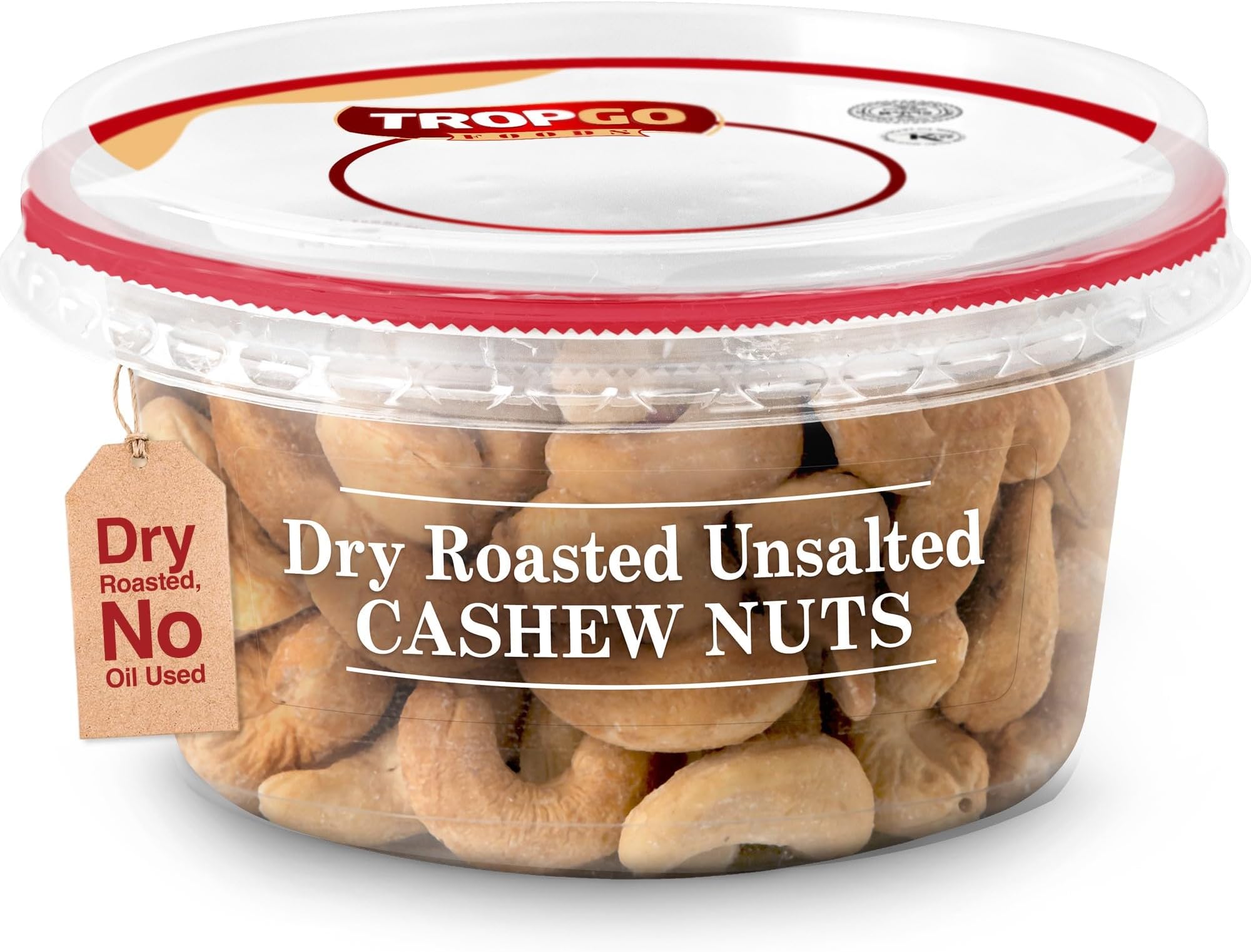 Tropgo Roasted Unsalted Cashews 180g Tub - Dry Roasted, No Oil Used, Cashew Nuts in Resealable & Recyclable Tub, Healthy Snacks - Wholesome Trail Mix with Fibre, Protein, and Essential Minerals