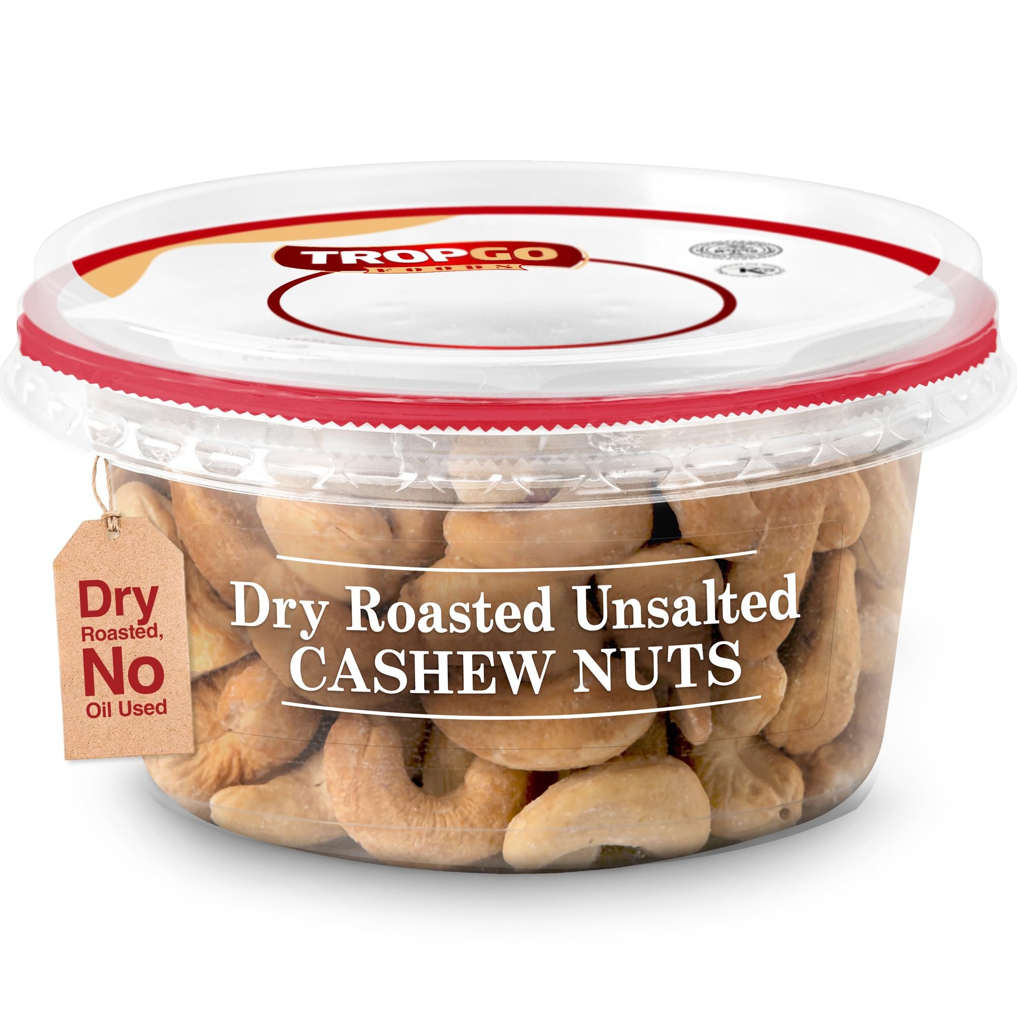 Tropgo Roasted Unsalted Cashews 180g Tub - Dry Roasted, No Oil Used, Cashew Nuts in Resealable & Recyclable Tub, Healthy Snacks - Wholesome Trail Mix with Fibre, Protein, and Essential Minerals