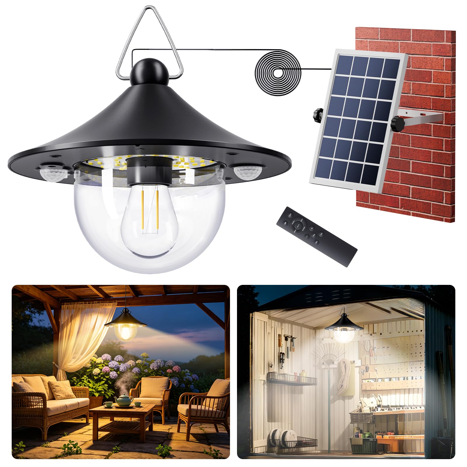 Quntis Solarlampen für Außen Innen Hängend, 1000LM 4400mAh Solar Hängelampe Outdoor mit Bewegungssensor Fernbedienung, 3 Farben 5 Modi Hängeleuchte, IP65 wasserdichte Pendelleuchte Garten mit 5m Kabel