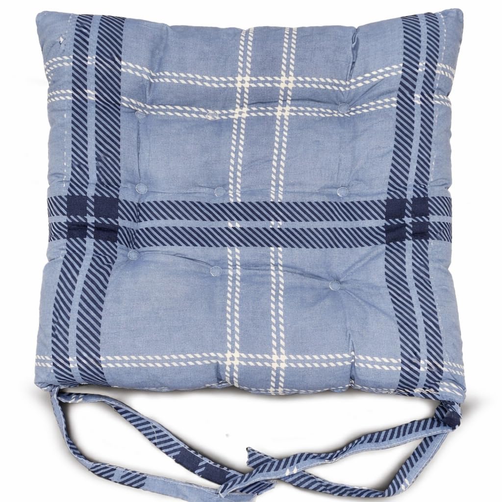 cushion mania Seat Pad Dining Garden Kitchen Chair Cushions Tie On Zigzag – Padded Square Chair Seat Cushion, Washable, Soft Comfortable Indoor Outdoor Chair Pad (Checks Blue, 2)