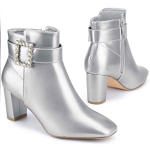 Perphy Rhinestone Buckle Decor Square Toe Chunky Heel Ankle Boots for Women