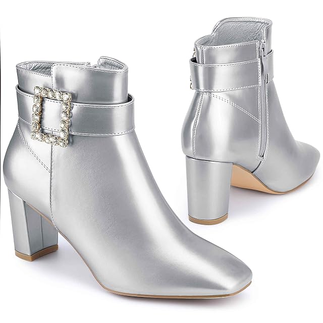 Perphy Rhinestone Buckle Decor Square Toe Chunky Heel Ankle Boots for Women
