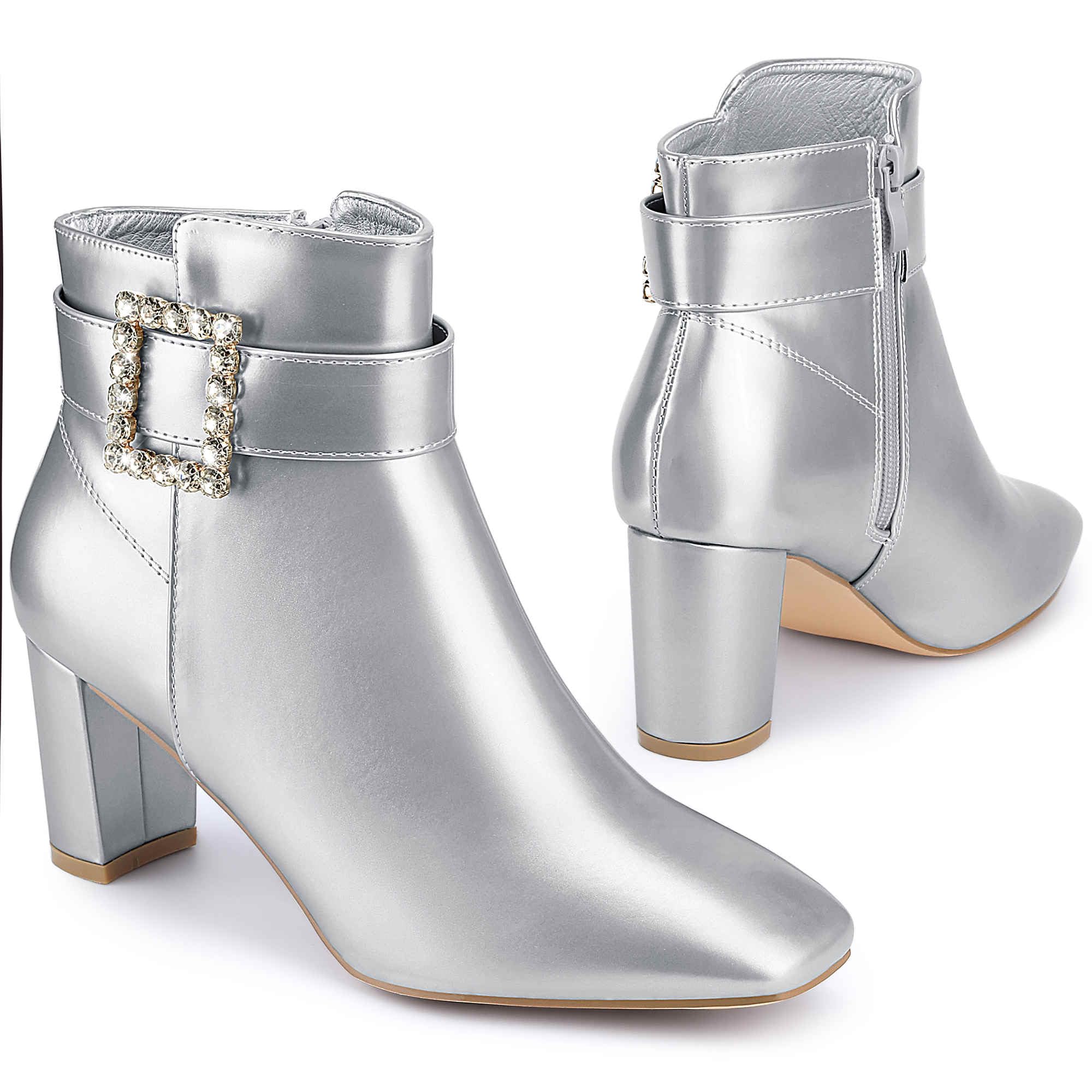 Perphy Rhinestone Buckle Decor Square Toe Chunky Heel Ankle Boots for Women