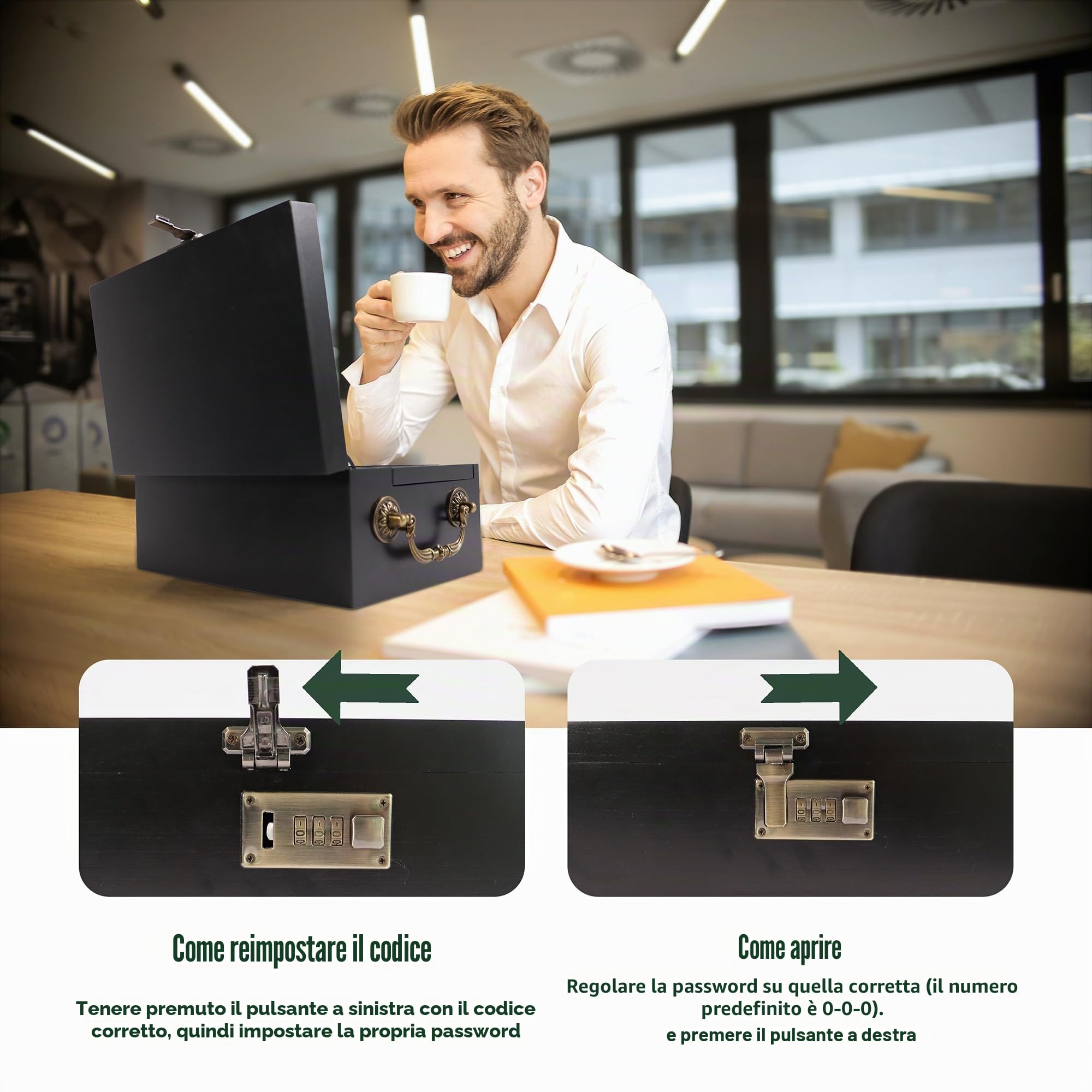 Grande scatola portaoggetti in bambù con serratura a combinazione e accessori, set organizer nero con manico e vassoio rimovibile, contenitore in bambù a prova di odore, scatola decorativa per la casa