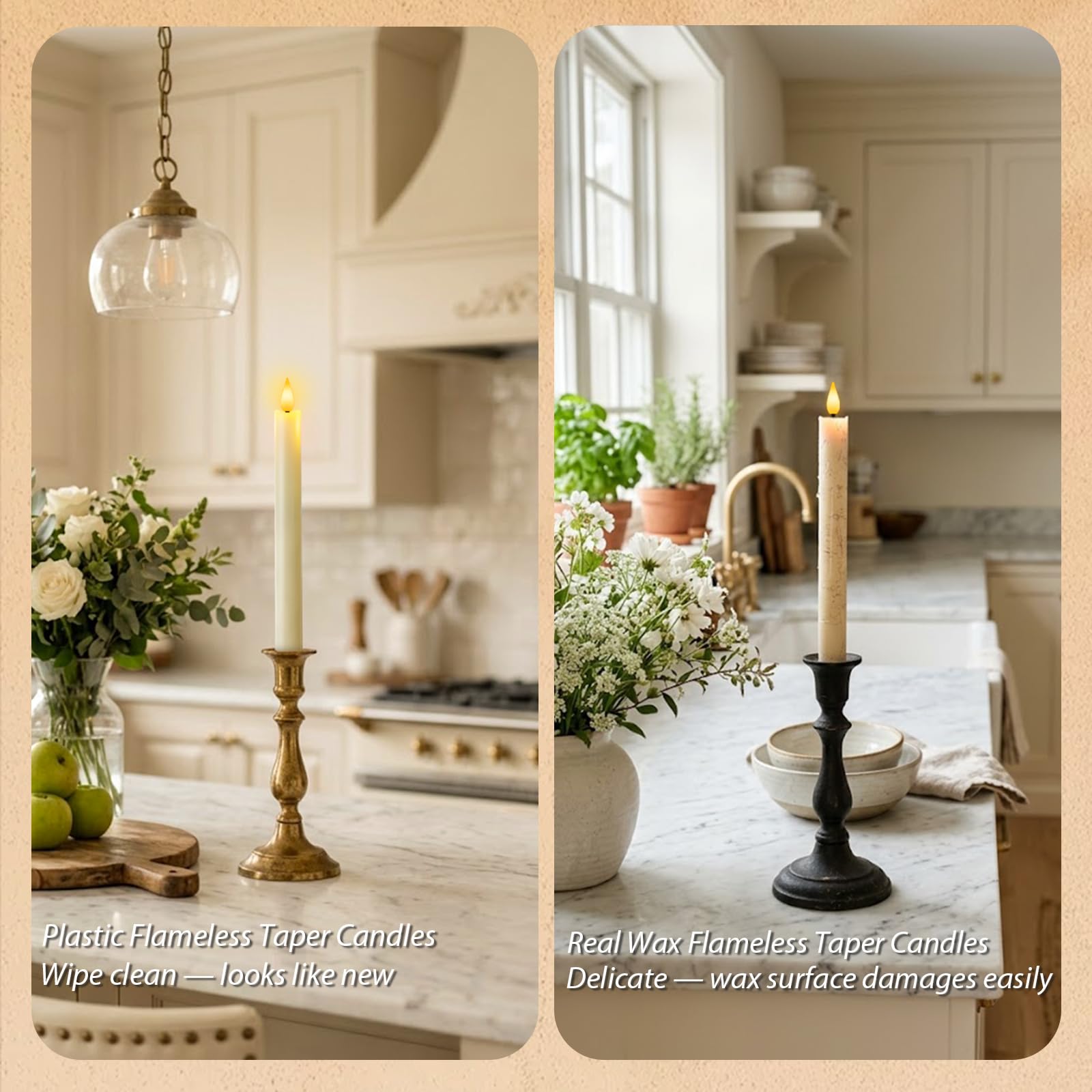 6 velas cónicas sin llama con regulador de temporizador remoto, candelabros LED de plástico marfil de 9.6 pulgadas