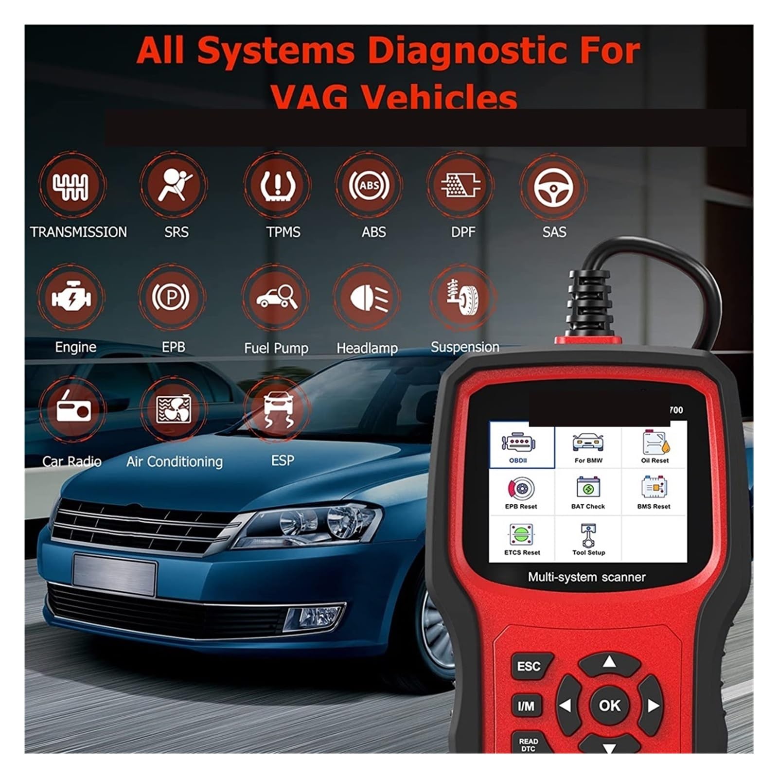 Narzędzia diagnostyczne VD700 Skaner OBD2 Pełny system Czytnik kodów ABS EPB TPMS DPF,Przyjazny dla użytkownika