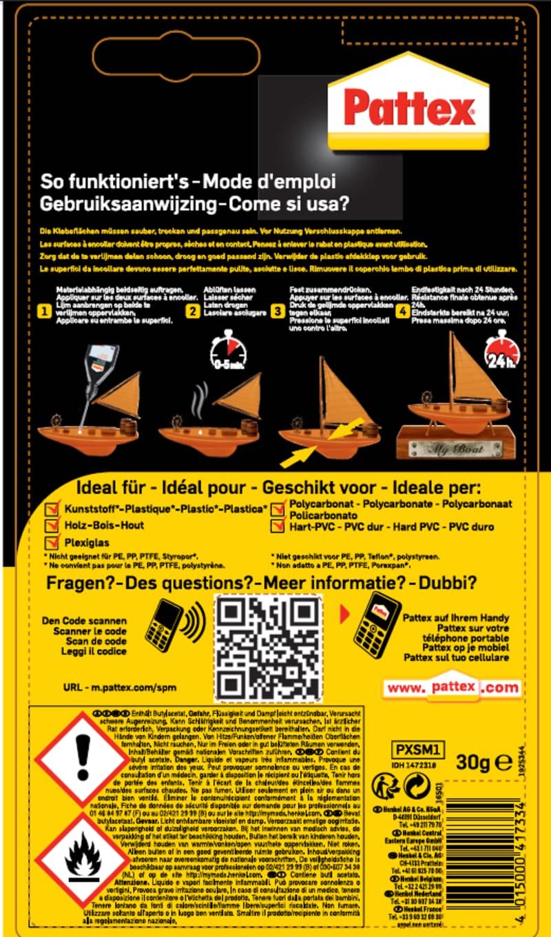 Pattex Spezialkleber Modellbau, für Kunststoff, mit hoher Haftfestigkeit und spurenfreier Trocknung, Tube 3x30 g