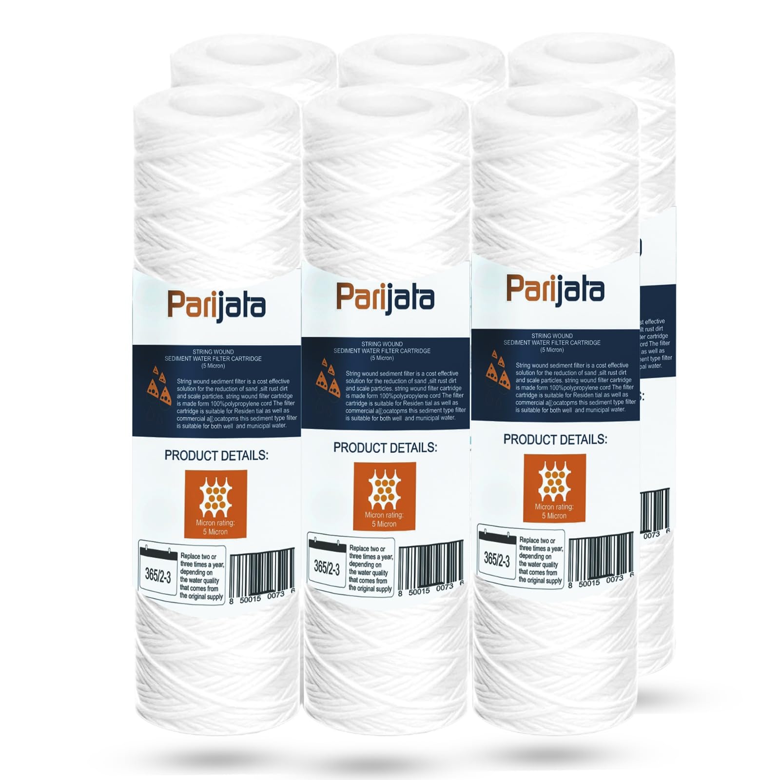PARIJATA 5 Micron 10" x 2.5" String Wound Sediment Water Filter Cartridge, 6 Pack, Whole House Sediment Filtration, Universal Replacement for Most 10 inch RO Unit-image-41