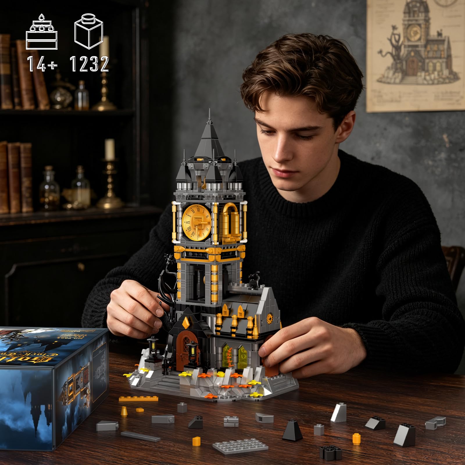 Vziimo Magic Clock Tower Bausteine, Gothic Haus Klemmbausteine Deko Modell mit Katze & Tiere, Schloss MOC Creator Geschenk für Erwachsene ab 15 Jahren (1232 Teile)