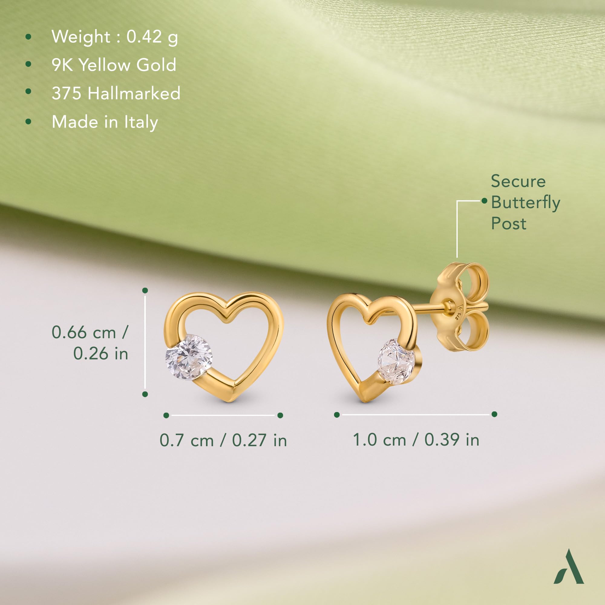 Amberta Allure Orecchini a Lobo Piccoli in Oro 9 Carati per Donna - Orecchini Oro Cuore